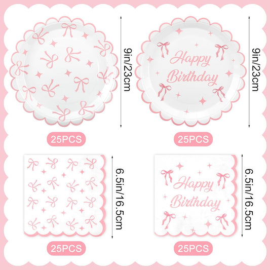 100PCS Pink Bow Party Plates and Napkins Pink Bow Birthday Tableware Set Coquette Birthday Party Supplies Serve 50 Guests for Women Birthdays Girl Bachelorette Coquette Tableware Supplies