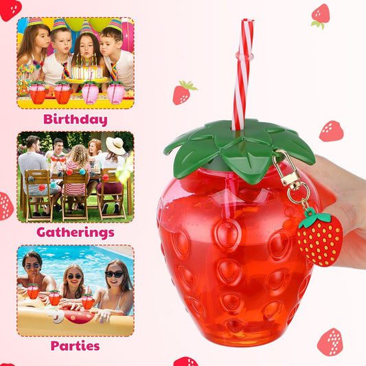 Adorable Strawberry Shaped Cups with Lids and Straws, 4pcs 16oz Pink Tumbler Set for Milk Tea, Juice, Smoothies, and Summer Party Drinks, Portable and Reusable Plastic Cups with Strawberry Charm