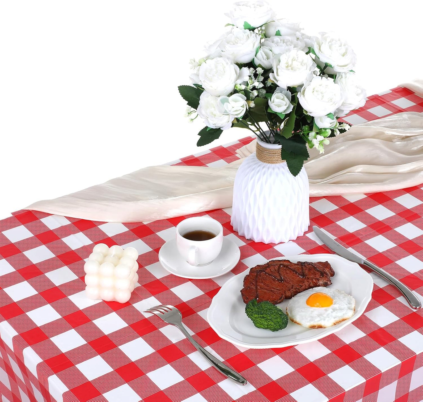 10 Pcs Red and White Checkered Tablecloth Picnic Table Cover Plastic Disposable Plaid Picnic Tablecloths Rectangle Party Table Cover for Birthday Wedding, 54 x 108 Inch