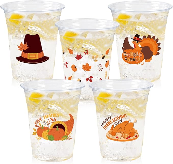 Thanksgiving Party Decoration Disposable Plastic Cups, 100 Pack 12oz Fall Disposable Plastic Cups with Fall Pumpkin Leaf Truck for Thanksgiving Autumn Fall Harvest Wedding Party Decoration Supplies