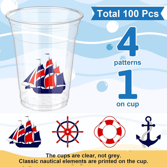 100 Pcs Nautical Disposable Plastic Cups 12 oz Anchor Theme Blue Clear Party Cups Cold Beverage Drinking Container for Nautical Ocean Theme Birthday Party Supplies