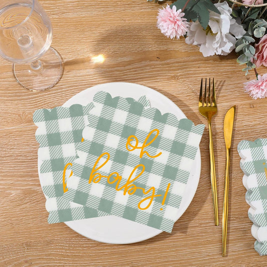 100 Psc Oh Baby Baby Shower Napkins, Gold Oh Baby Napkins in Plaid Sage Green Pattern, Scalloped Edges, 6.5 x 6.5 Inch for baby Welcome Party, Neutral Gender Reveal Decorations