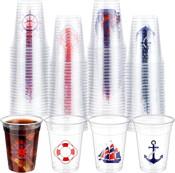 100 Pcs Nautical Disposable Plastic Cups 12 oz Anchor Theme Blue Clear Party Cups Cold Beverage Drinking Container for Nautical Ocean Theme Birthday Party Supplies