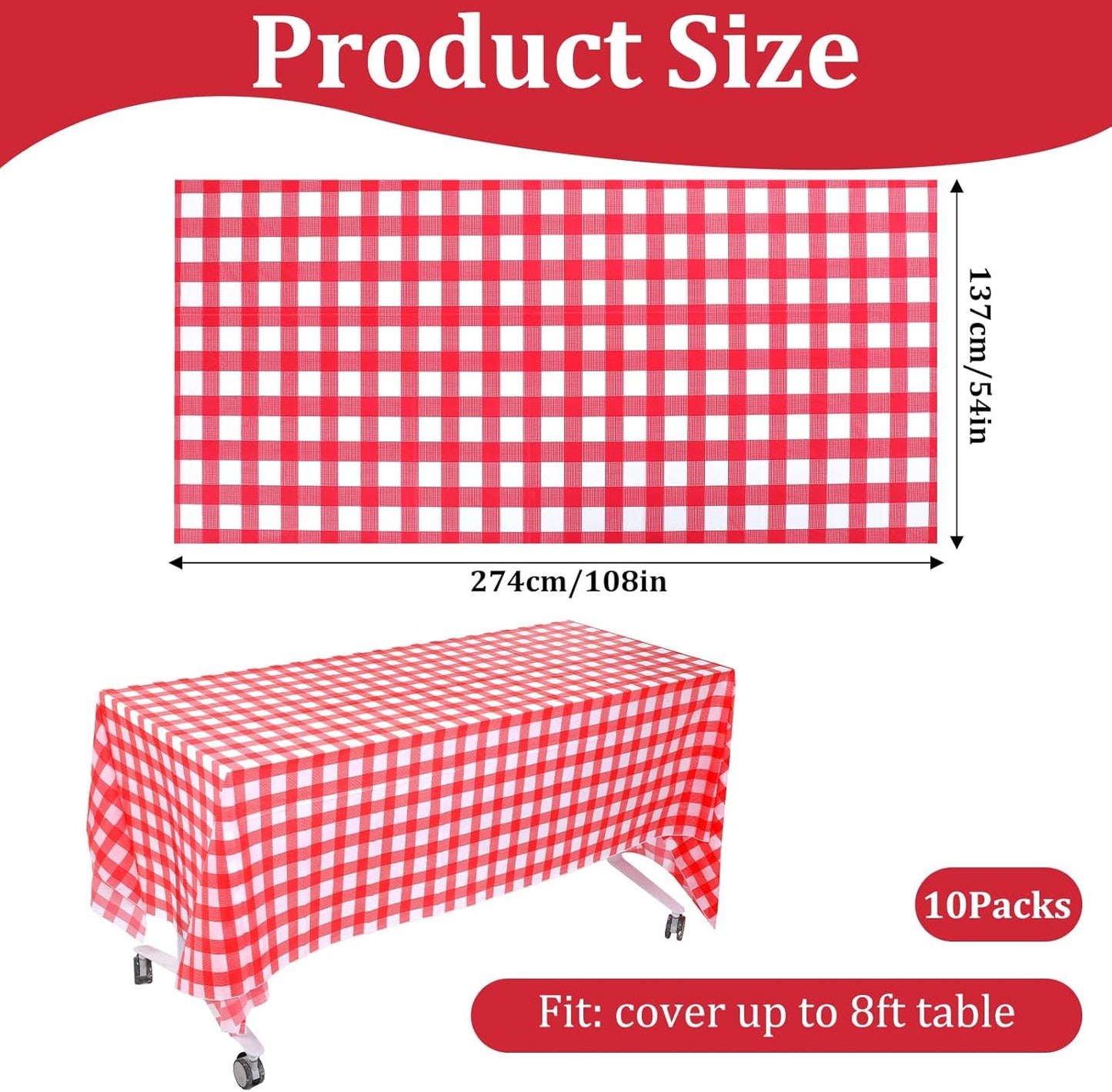 10 Pcs Red and White Checkered Tablecloth Picnic Table Cover Plastic Disposable Plaid Picnic Tablecloths Rectangle Party Table Cover for Birthday Wedding, 54 x 108 Inch