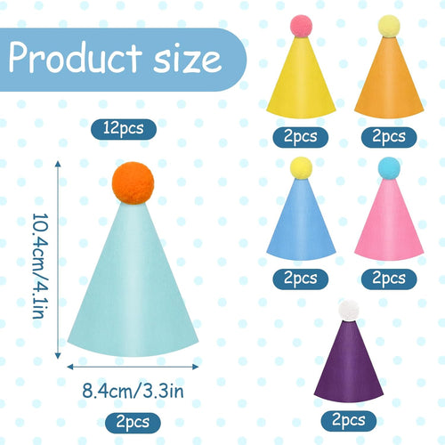 12PCS Mini Party Hats for Stuffed Animals, Stuffed Animal Party Hats with Plush Ball, Cone Felt Mini Birthday Hat, for Cats, Rabbit, Puppy Parties Gatherings