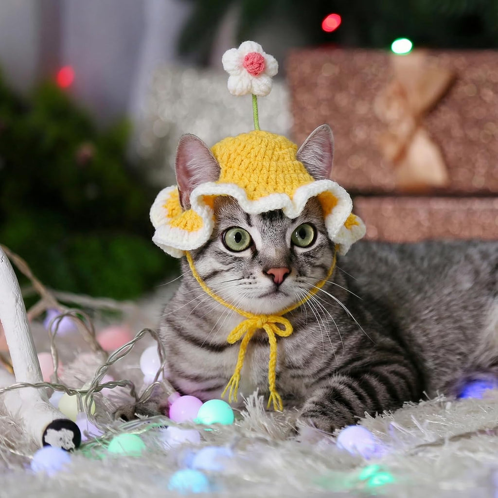 2pcs Cute Flower Cat Hat, Cotton & Soft Cute Knitted Hats for Cats, Halloween Christmas Holiday Party Clothes Birthday Party Puppy Hat for Small Pets, Holiday & Photo Outfit