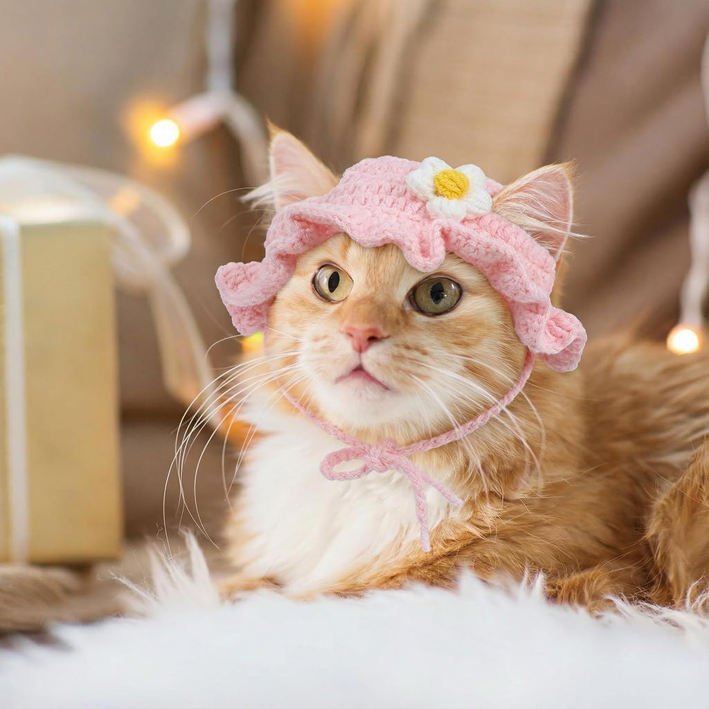 2pcs Cute Flower Cat Hat, Cotton & Soft Cute Knitted Hats for Cats, Halloween Christmas Holiday Party Clothes Birthday Party Puppy Hat for Small Pets, Holiday & Photo Outfit