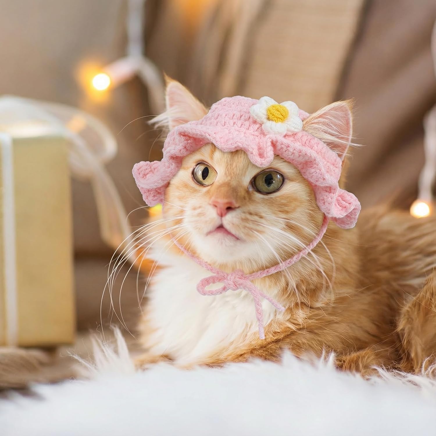 2pcs Cute Flower Cat Hat, Cotton & Soft Cute Knitted Hats for Cats, Halloween Christmas Holiday Party Clothes Birthday Party Puppy Hat for Small Pets, Holiday & Photo Outfit