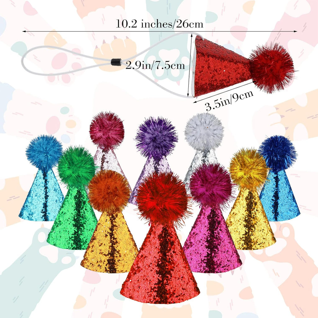 10 Pack Mini Small Dog Hats Cat Birthday Party Hat with Sequins Puppy, Birthday Party Hats Cats Adjustable Holiday Hat, Felt Pom Pom Headband Pet Grooming Costume Accessories