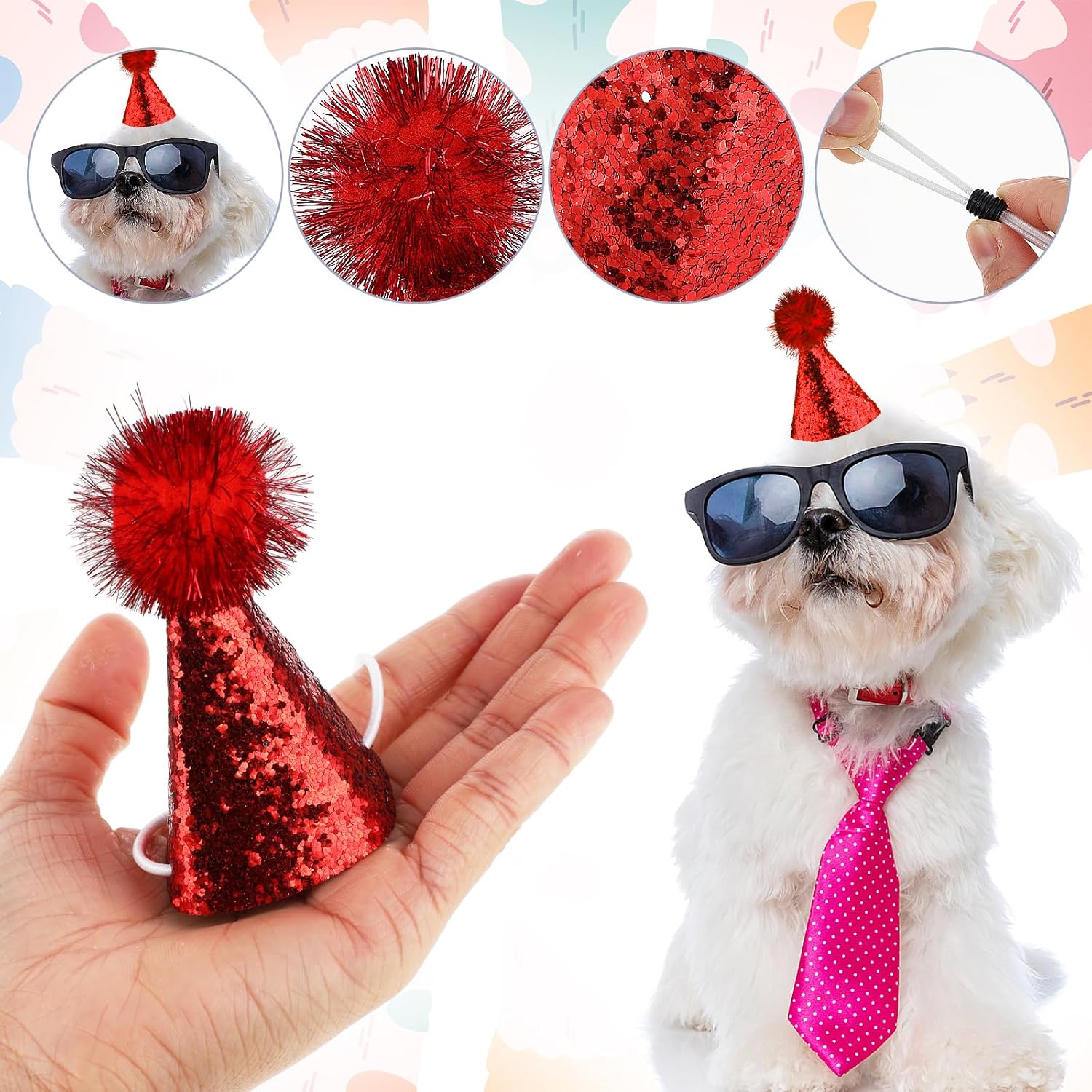 10 Pack Mini Small Dog Hats Cat Birthday Party Hat with Sequins Puppy, Birthday Party Hats Cats Adjustable Holiday Hat, Felt Pom Pom Headband Pet Grooming Costume Accessories