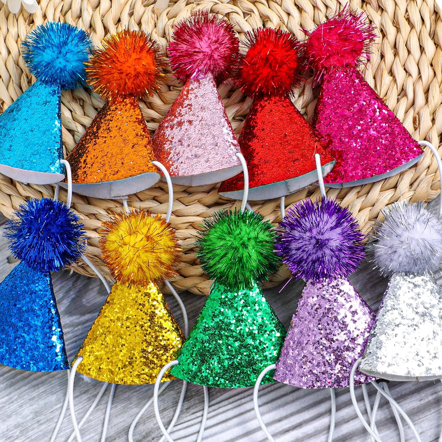 10 Pack Mini Small Dog Hats Cat Birthday Party Hat with Sequins Puppy, Birthday Party Hats Cats Adjustable Holiday Hat, Felt Pom Pom Headband Pet Grooming Costume Accessories