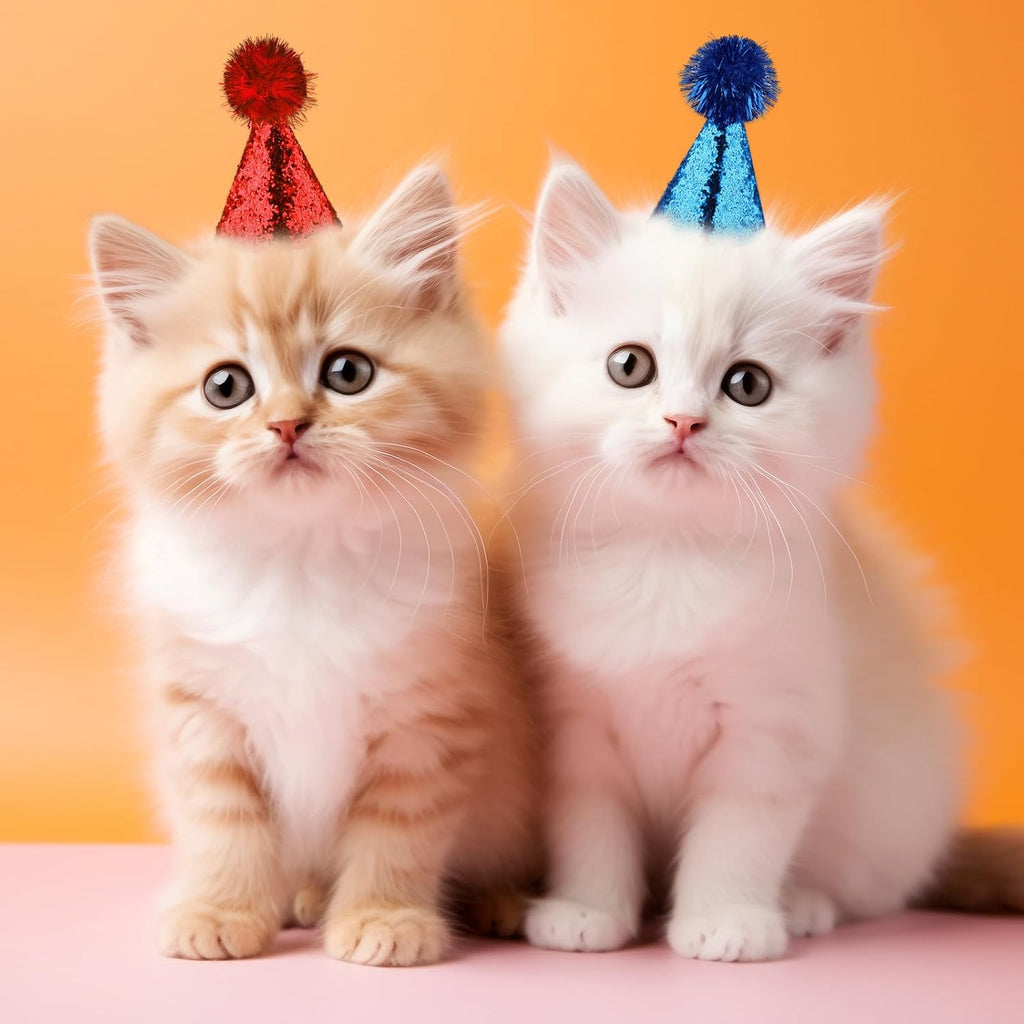 10 Pack Mini Small Dog Hats Cat Birthday Party Hat with Sequins Puppy, Birthday Party Hats Cats Adjustable Holiday Hat, Felt Pom Pom Headband Pet Grooming Costume Accessories