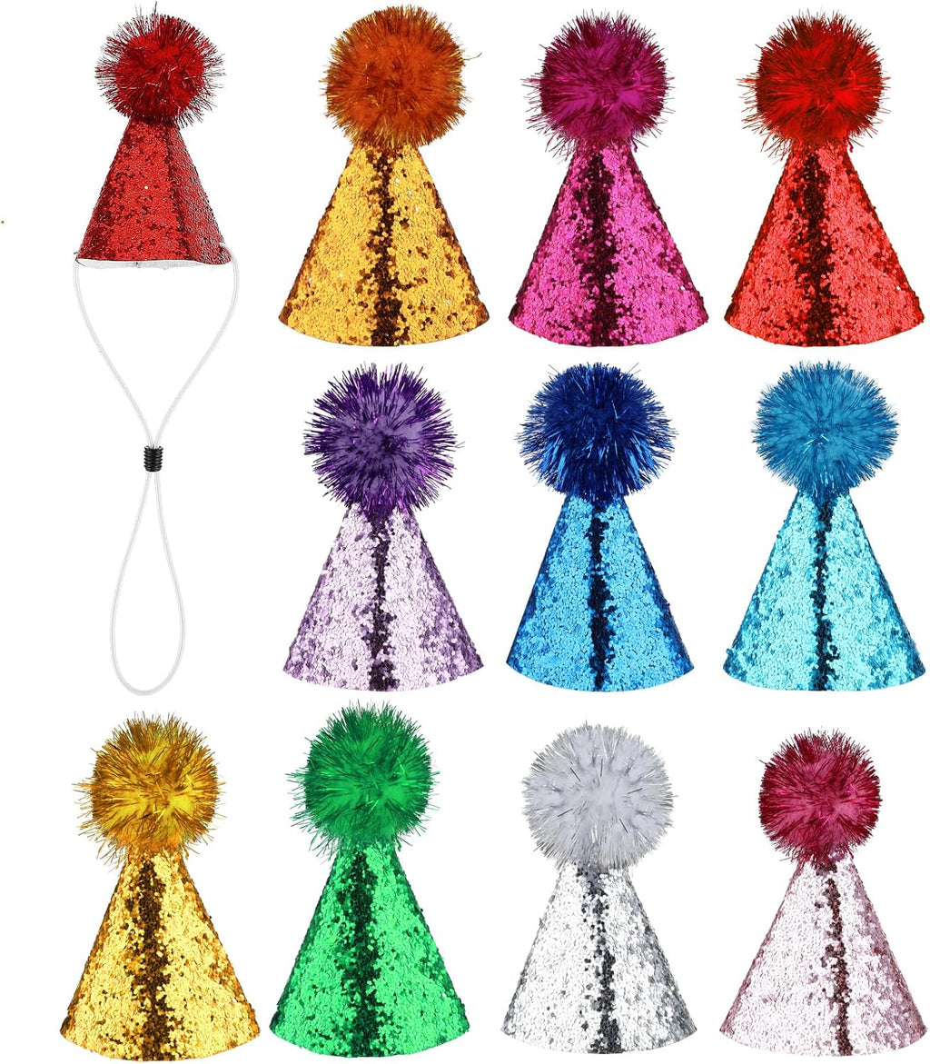 10 Pack Mini Small Dog Hats Cat Birthday Party Hat with Sequins Puppy, Birthday Party Hats Cats Adjustable Holiday Hat, Felt Pom Pom Headband Pet Grooming Costume Accessories