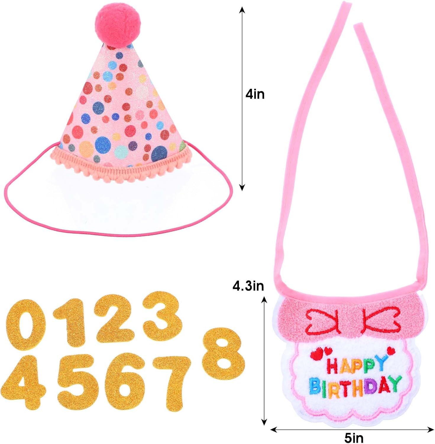 Cat Birthday Outfit Hat and Bib, Cute Pink Girl Kitten Cats Birthday Bandana Set, Adjustable Embroidered Colorful Dot Pet Birthday' Outfits, Cat Party Hats with Dot Hat, 9 Numbers & Scarf