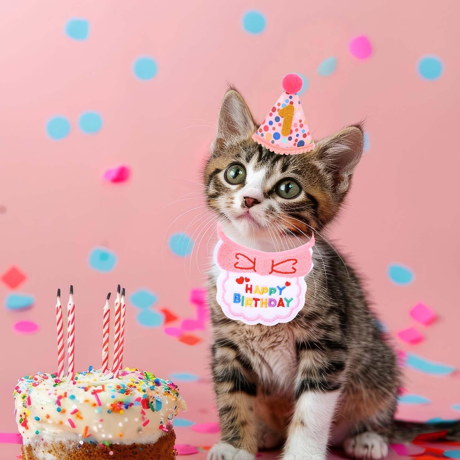 Cat Birthday Outfit Hat and Bib, Cute Pink Girl Kitten Cats Birthday Bandana Set, Adjustable Embroidered Colorful Dot Pet Birthday' Outfits, Cat Party Hats with Dot Hat, 9 Numbers & Scarf