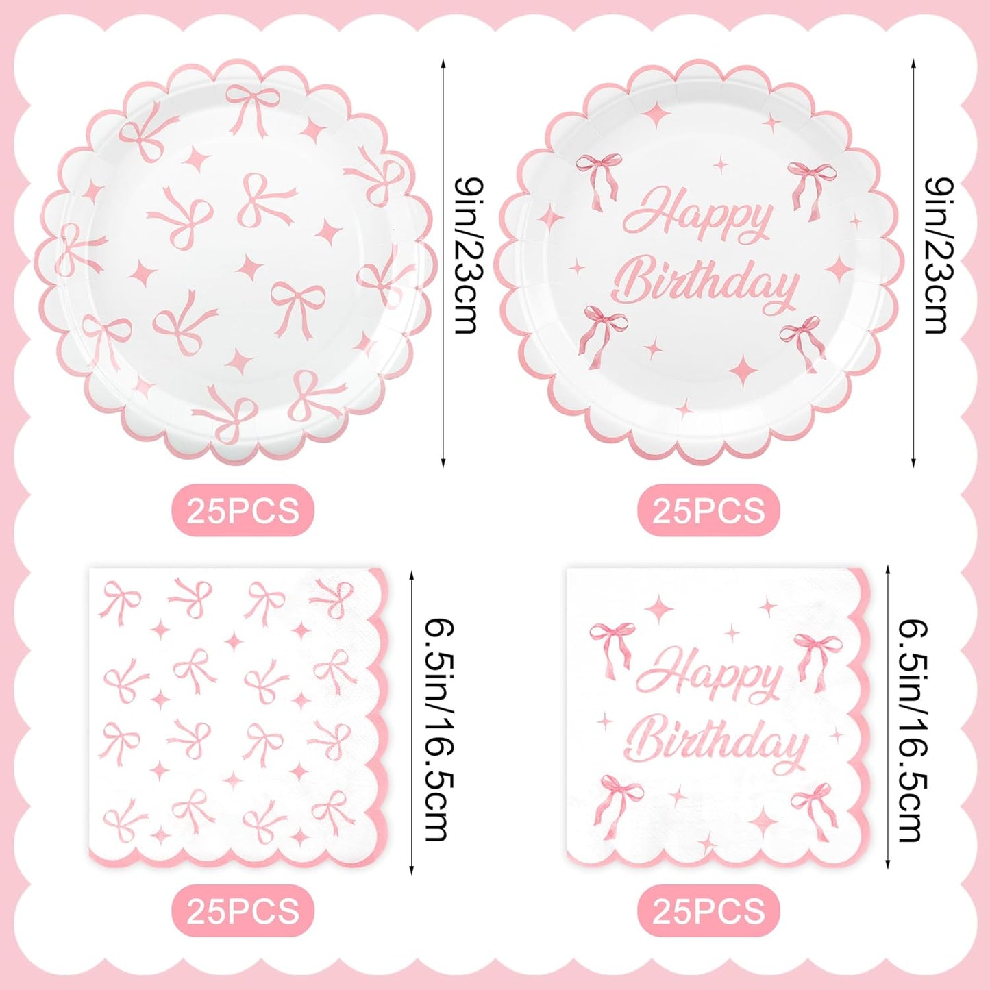 100PCS Pink Bow Party Plates and Napkins Pink Bow Birthday Tableware Set Coquette Birthday Party Supplies Serve 50 Guests for Women Birthdays Girl Bachelorette Coquette Tableware Supplies