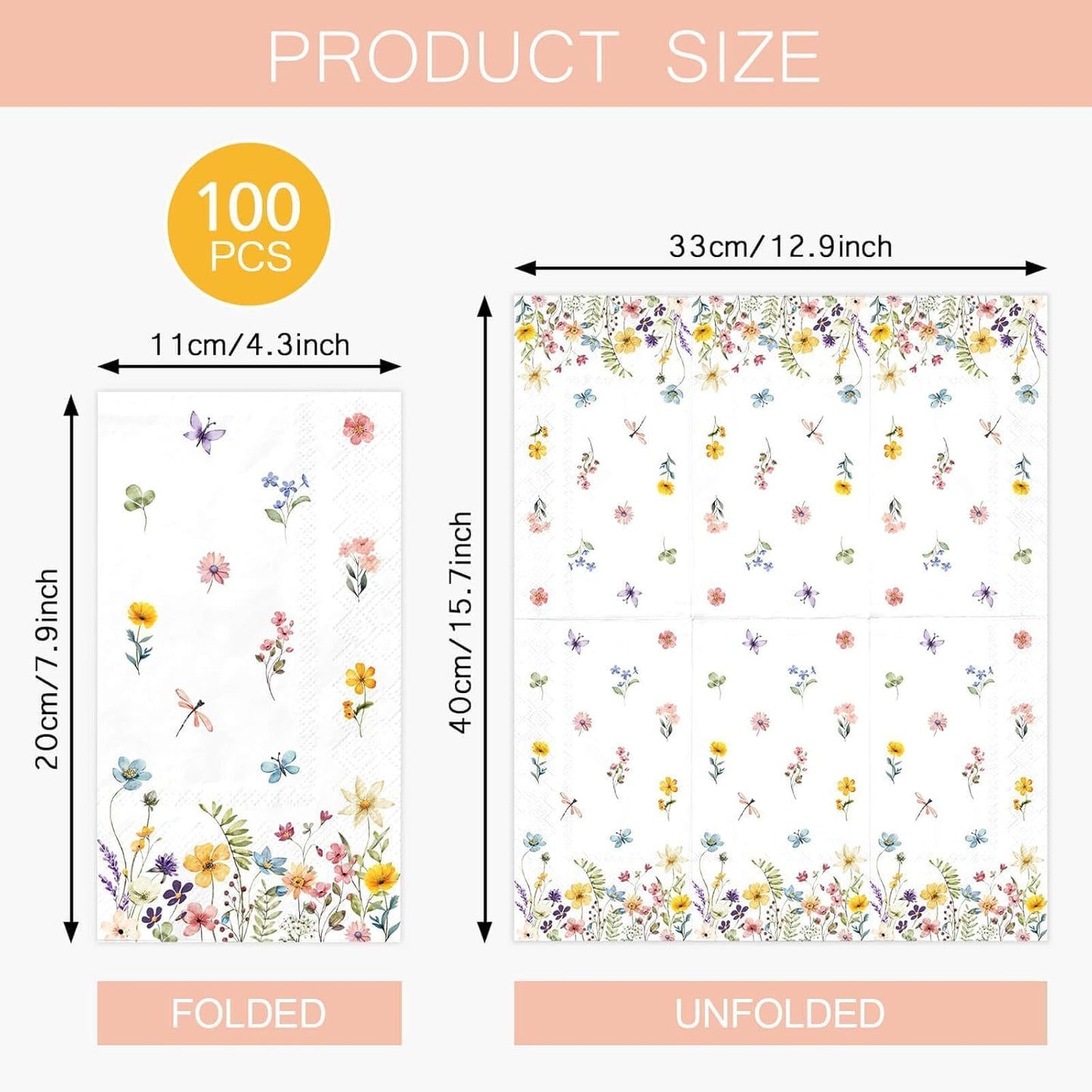 100PCS Spring Wildflower Paper Napkins Disposable Bathroom Hand Towels Green Wild Floral Guest Napkins Decorative Dinner Napkins for Spring Home Holiday Party Supplies