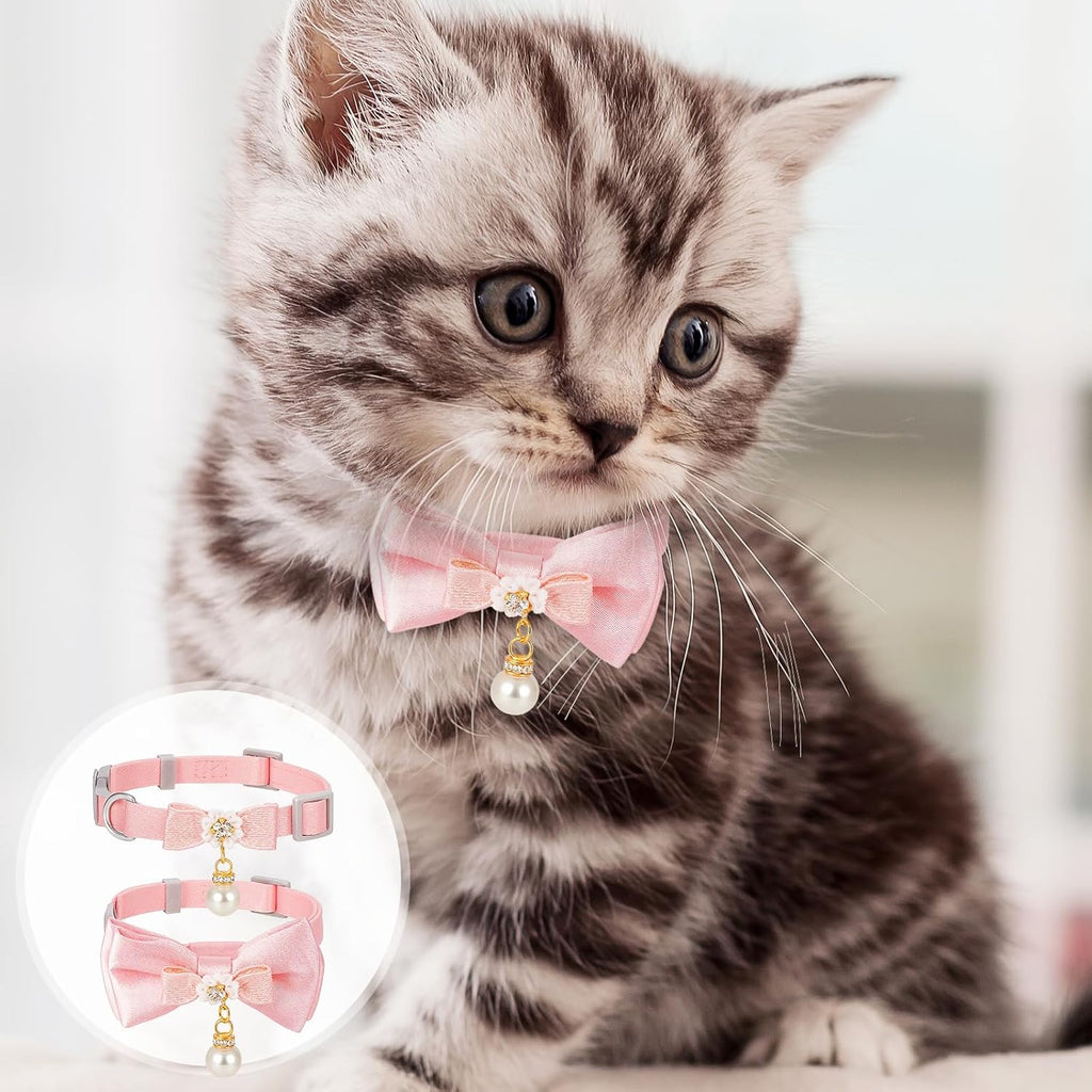2 Pcs Adorable Cat Collar with Bow Cat Collar Breakaway Pink Cats Bows & Accessories Adjustable Cute Kitten Collars with Pearl Pendant for Girl Cats Pink