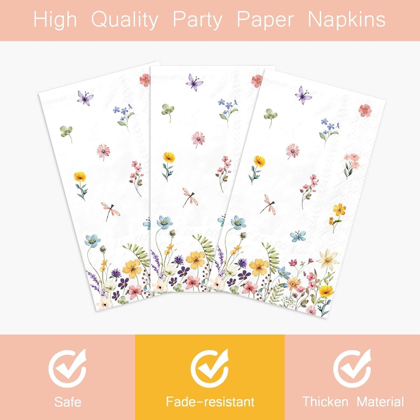 100PCS Spring Wildflower Paper Napkins Disposable Bathroom Hand Towels Green Wild Floral Guest Napkins Decorative Dinner Napkins for Spring Home Holiday Party Supplies