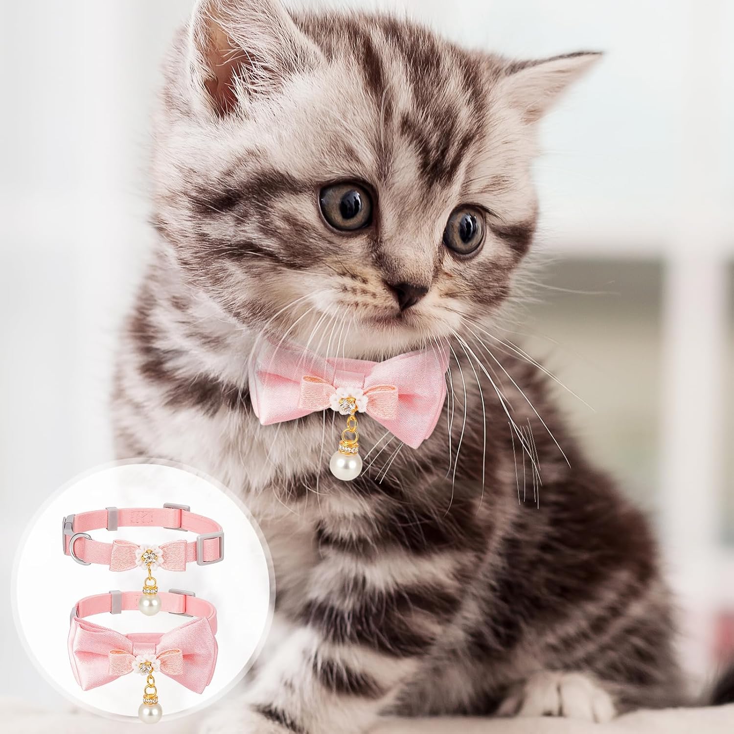 2 Pcs Adorable Cat Collar with Bow Cat Collar Breakaway Pink Cats Bows & Accessories Adjustable Cute Kitten Collars with Pearl Pendant for Girl Cats Pink