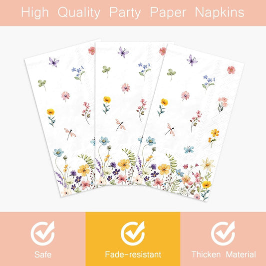 100PCS Spring Wildflower Paper Napkins Disposable Bathroom Hand Towels Green Wild Floral Guest Napkins Decorative Dinner Napkins for Spring Home Holiday Party Supplies