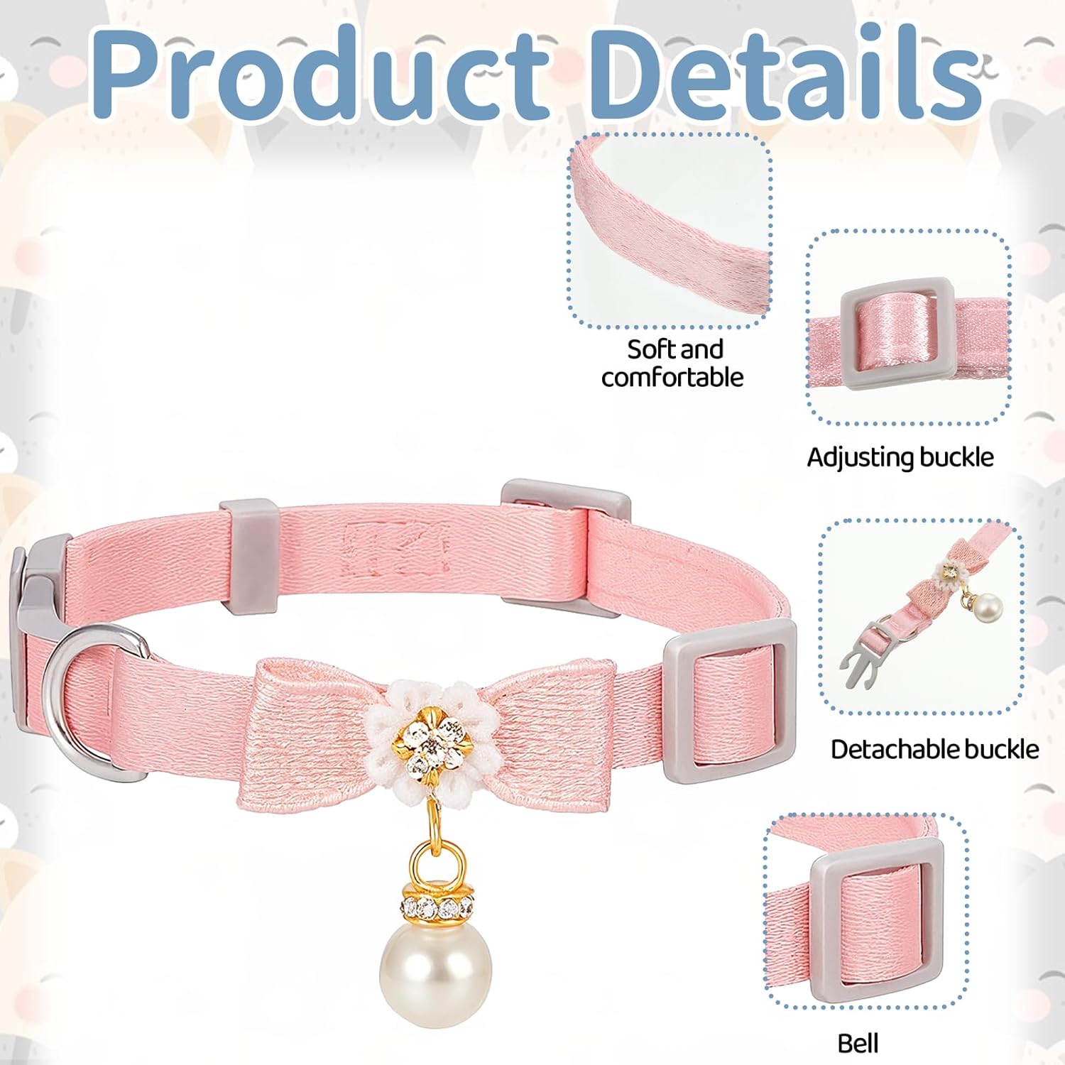 2 Pcs Adorable Cat Collar with Bow Cat Collar Breakaway Pink Cats Bows & Accessories Adjustable Cute Kitten Collars with Pearl Pendant for Girl Cats Pink