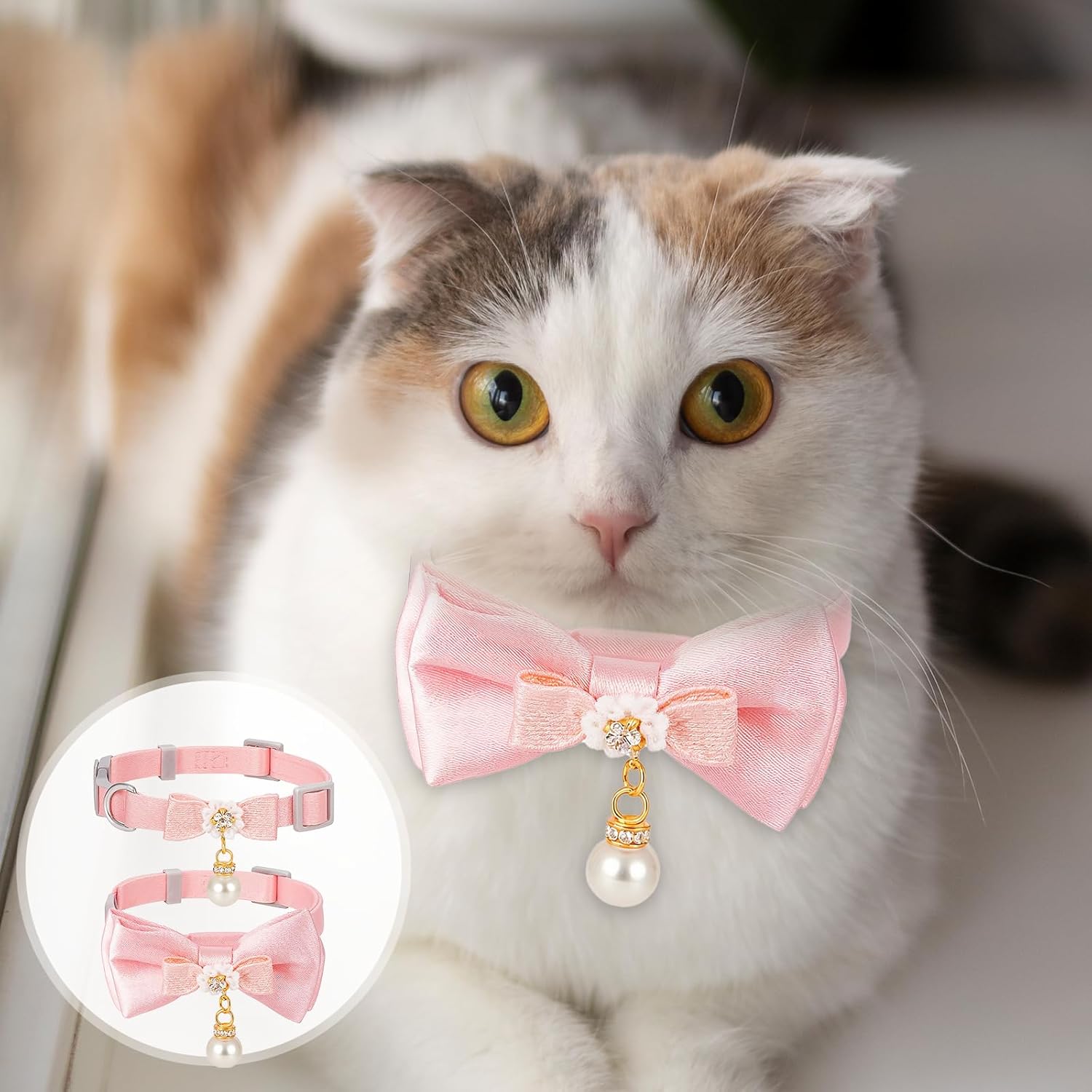 2 Pcs Adorable Cat Collar with Bow Cat Collar Breakaway Pink Cats Bows & Accessories Adjustable Cute Kitten Collars with Pearl Pendant for Girl Cats Pink