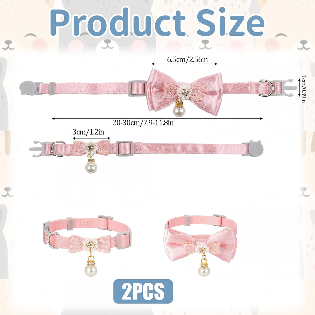 2 Pcs Adorable Cat Collar with Bow Cat Collar Breakaway Pink Cats Bows & Accessories Adjustable Cute Kitten Collars with Pearl Pendant for Girl Cats Pink