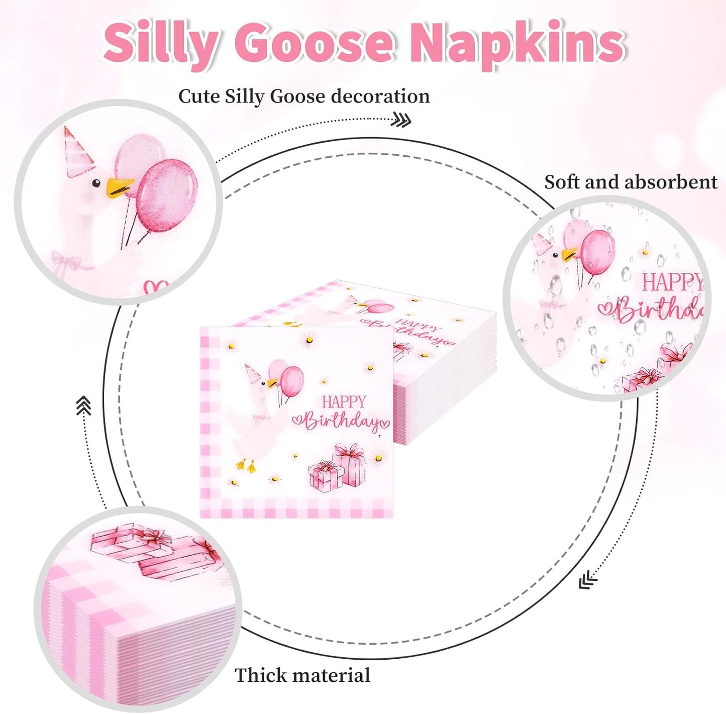 100 Pcs One Silly Goose Napkins Paper, One Silly Goose Birthday Decor Girl, Disposable Cute Pink Gingham Napkins, Luncheon Dinner Table Supplies for Birthday Party Baby Shower Decorations