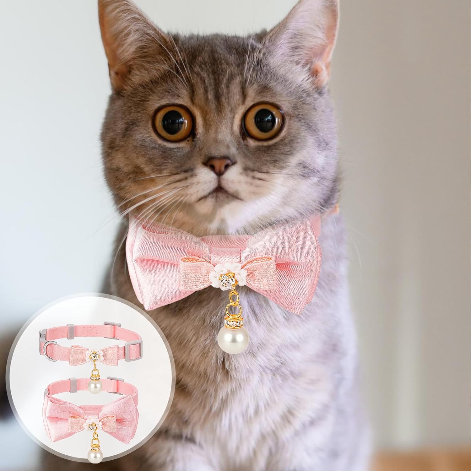 2 Pcs Adorable Cat Collar with Bow Cat Collar Breakaway Pink Cats Bows & Accessories Adjustable Cute Kitten Collars with Pearl Pendant for Girl Cats Pink