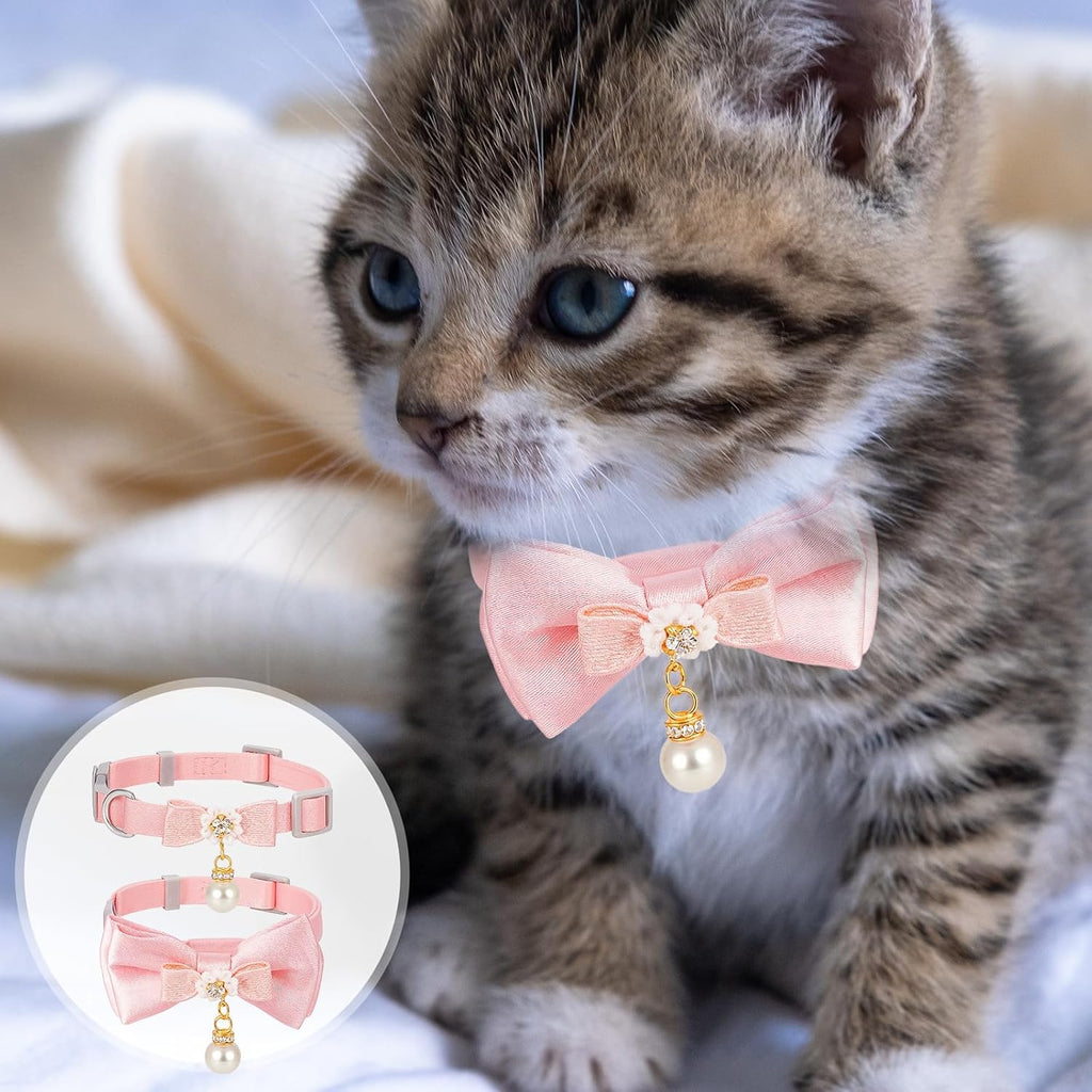 2 Pcs Adorable Cat Collar with Bow Cat Collar Breakaway Pink Cats Bows & Accessories Adjustable Cute Kitten Collars with Pearl Pendant for Girl Cats Pink
