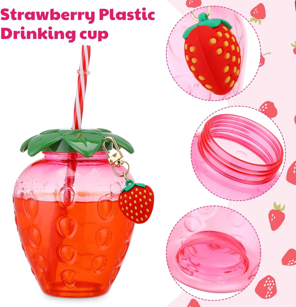 Adorable Strawberry Shaped Cups with Lids and Straws, 4pcs 16oz Pink Tumbler Set for Milk Tea, Juice, Smoothies, and Summer Party Drinks, Portable and Reusable Plastic Cups with Strawberry Charm