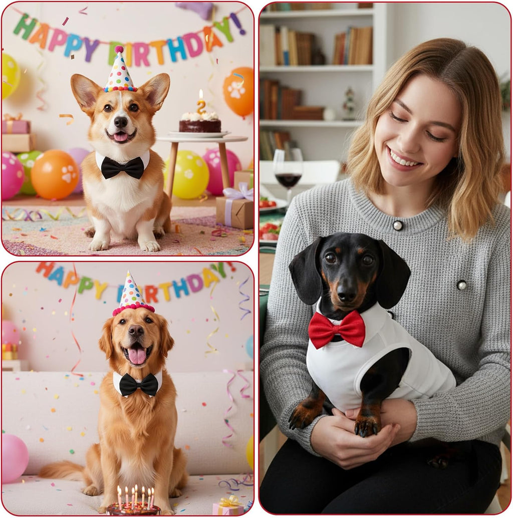 2 PCS Adjustable Dog Bow Tie Length 3.54inch Width 2.36inch Cotton Dog Collar Bow Tie for Dogs for Wedding Birthday Party Cosplay Christmas Halloween Pets Grooming Dogs Bowtie(Black, Red)