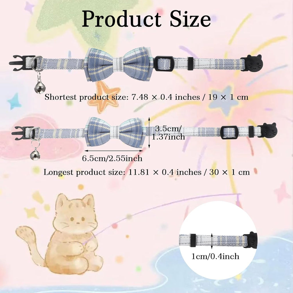 2 PCS Cat Collar with Bow Breakaway Bowtie Safety with Bell Cat Bow Tie Collar Cute Boy Kitten Collars Solid Color Plaid Pet Collars Adjustable Safety Quick Release Cats for Kitten Cats (Blue)