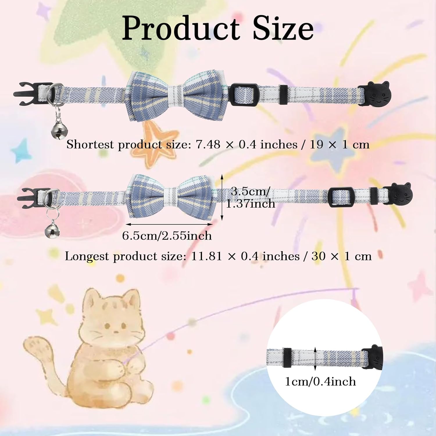 2 PCS Cat Collar with Bow Breakaway Bowtie Safety with Bell Cat Bow Tie Collar Cute Boy Kitten Collars Solid Color Plaid Pet Collars Adjustable Safety Quick Release Cats for Kitten Cats (Blue)