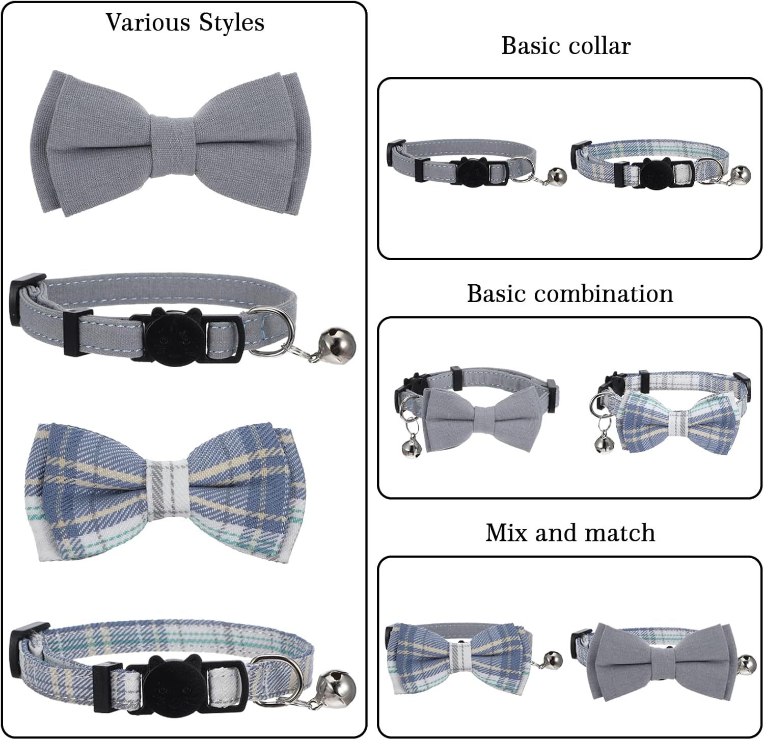 2 PCS Cat Collar with Bow Breakaway Bowtie Safety with Bell Cat Bow Tie Collar Cute Boy Kitten Collars Solid Color Plaid Pet Collars Adjustable Safety Quick Release Cats for Kitten Cats (Blue)