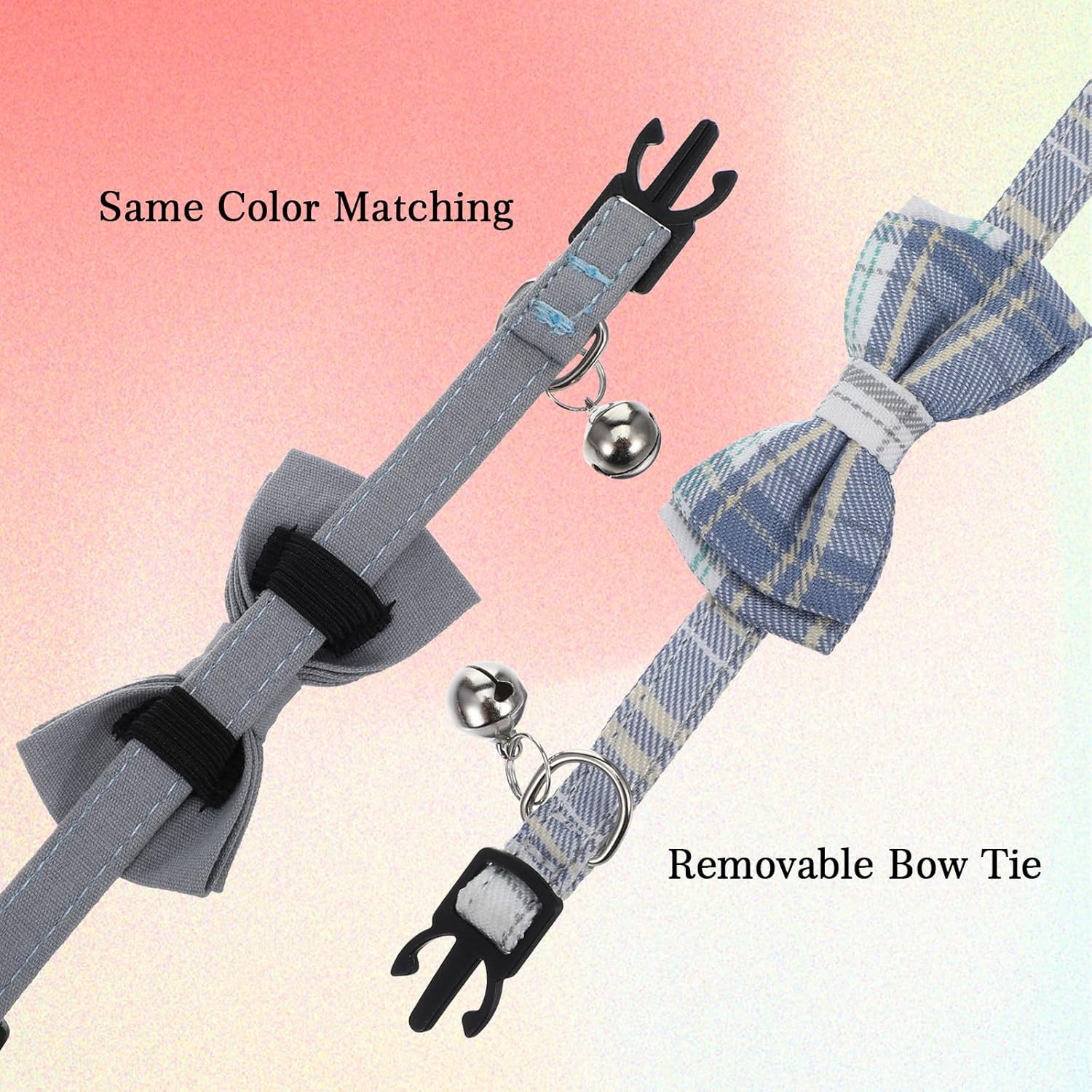 2 PCS Cat Collar with Bow Breakaway Bowtie Safety with Bell Cat Bow Tie Collar Cute Boy Kitten Collars Solid Color Plaid Pet Collars Adjustable Safety Quick Release Cats for Kitten Cats (Blue)