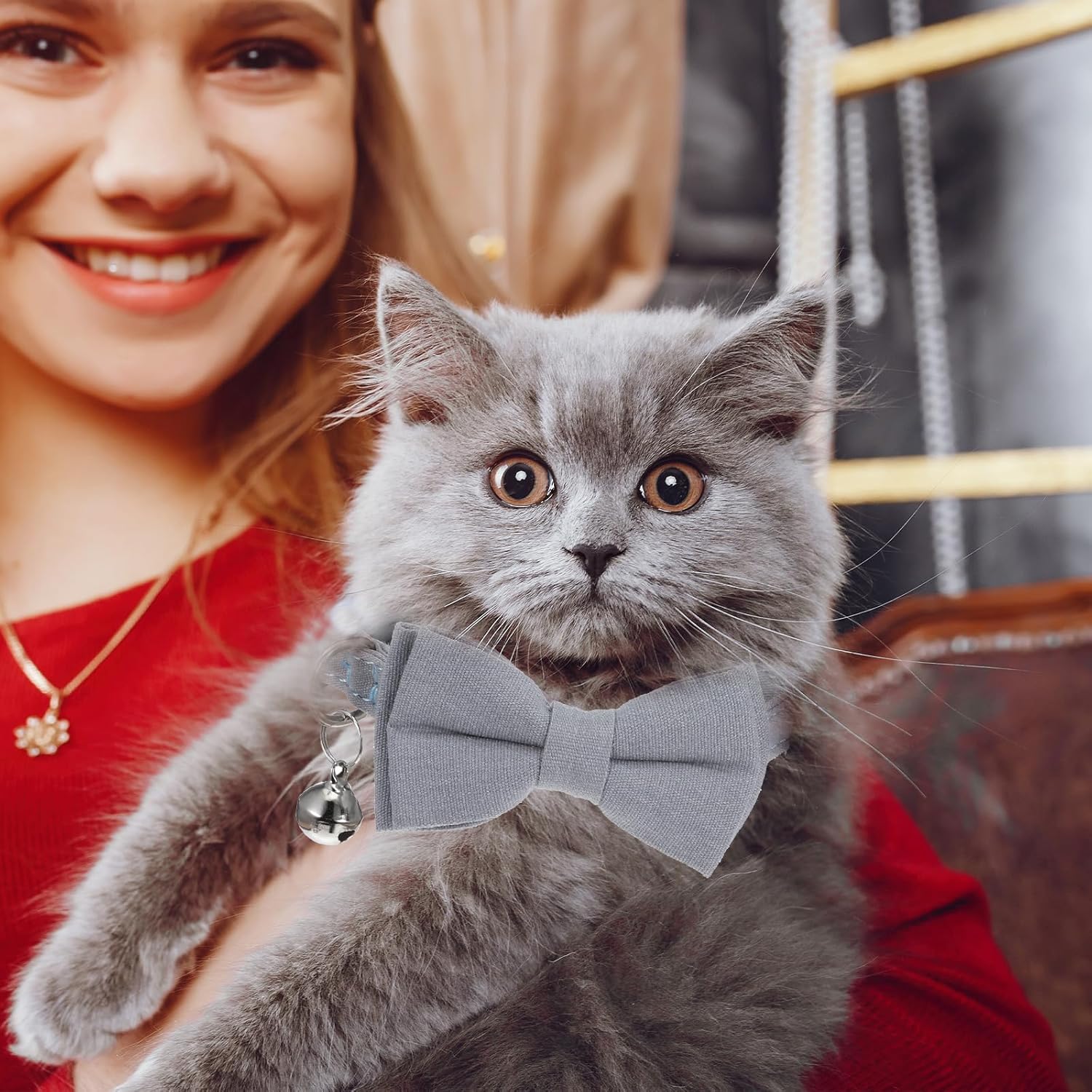 2 PCS Cat Collar with Bow Breakaway Bowtie Safety with Bell Cat Bow Tie Collar Cute Boy Kitten Collars Solid Color Plaid Pet Collars Adjustable Safety Quick Release Cats for Kitten Cats (Blue)