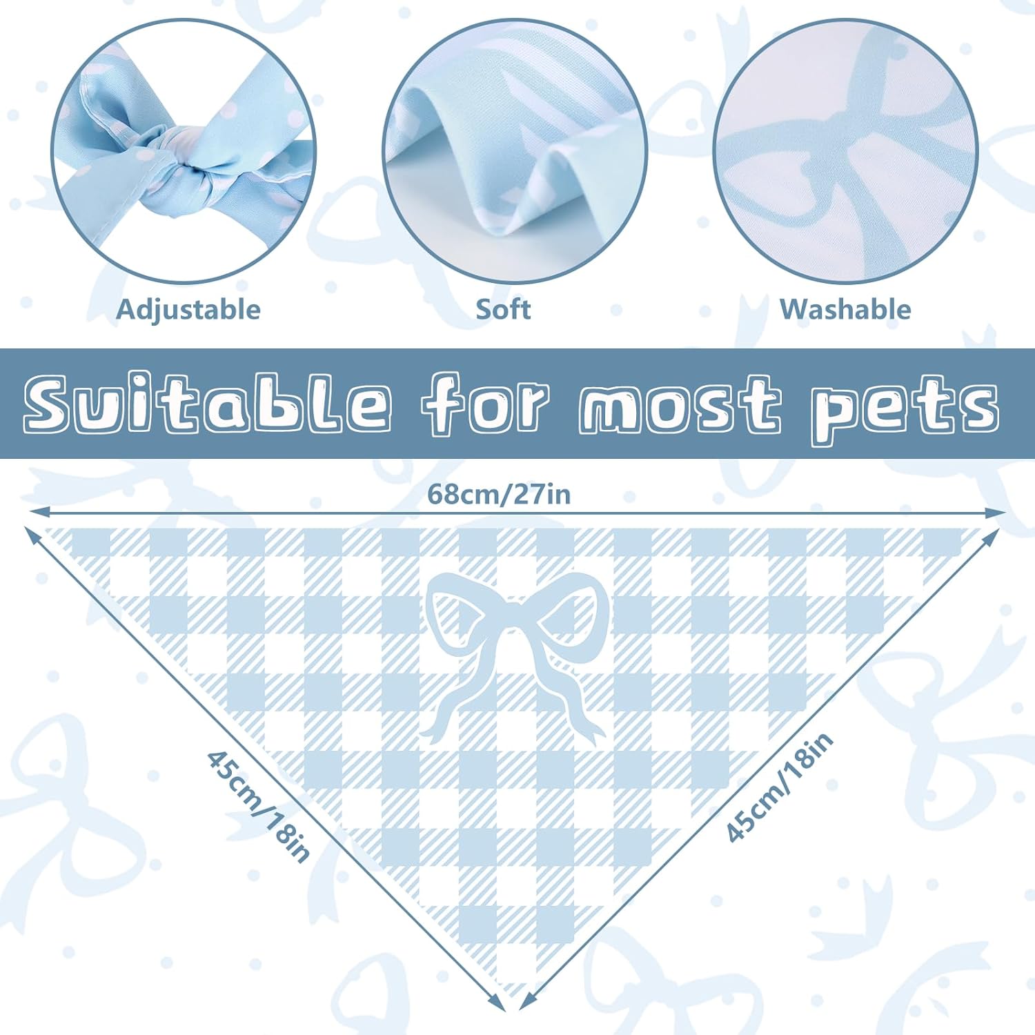 2Pcs Blue Bow Dog Bandanas Cute Bow Triangle Birthday Pet Scarf Dot Gingham Reversible Adjustable Pet Neckerchief Dog Bib for Medium Large Girl Boy Pets Cat Costume Accessories