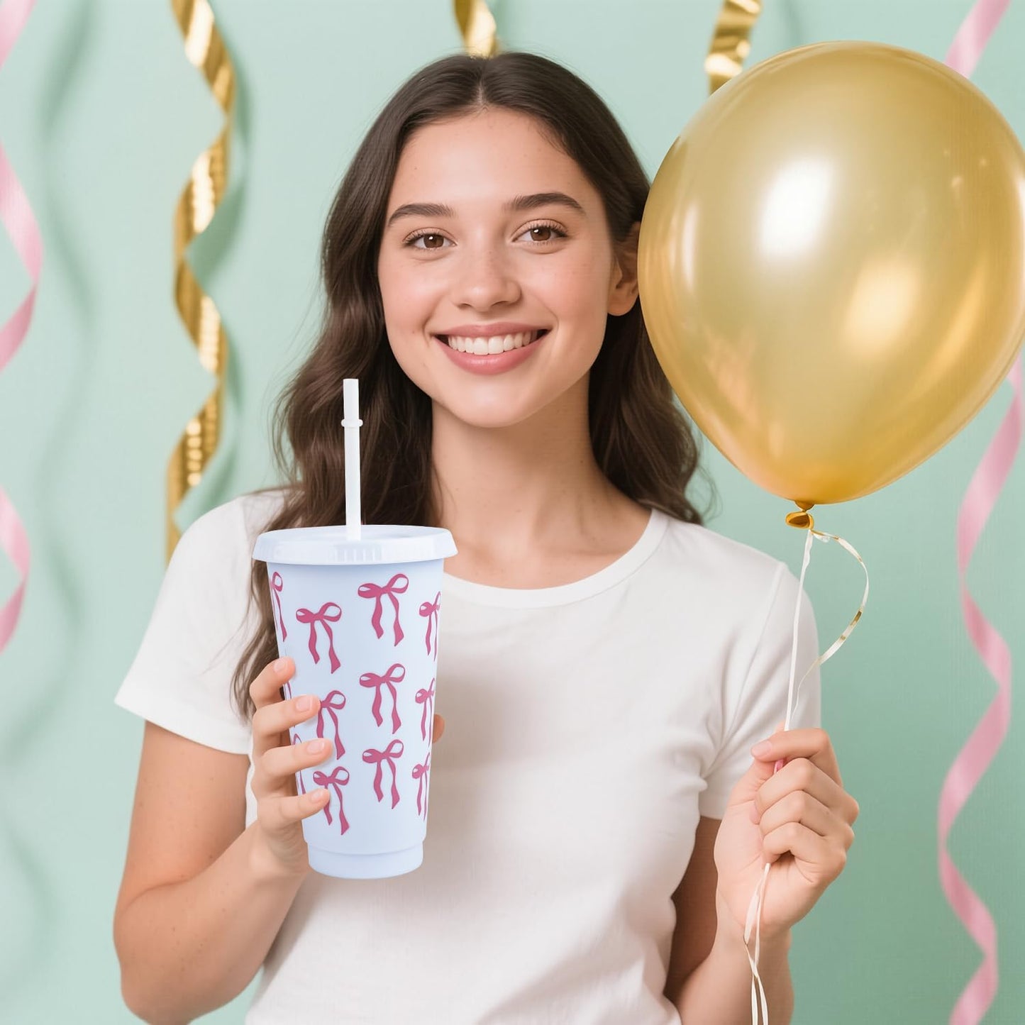 12Pcs 24 oz Blue Bow Plastic Cups with Straw and Lid, Reusable Coquette Bow Tie Cold Cups for Wedding Baby Shower Birthday Party Decor