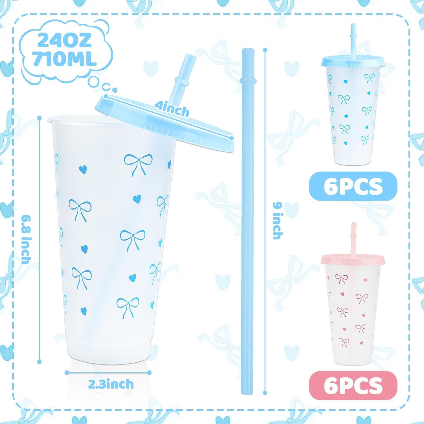 12Pcs 24 oz Blue Bow Plastic Cups with Straw and Lid, Reusable Coquette Bow Tie Cold Cups for Wedding Baby Shower Birthday Party Decor
