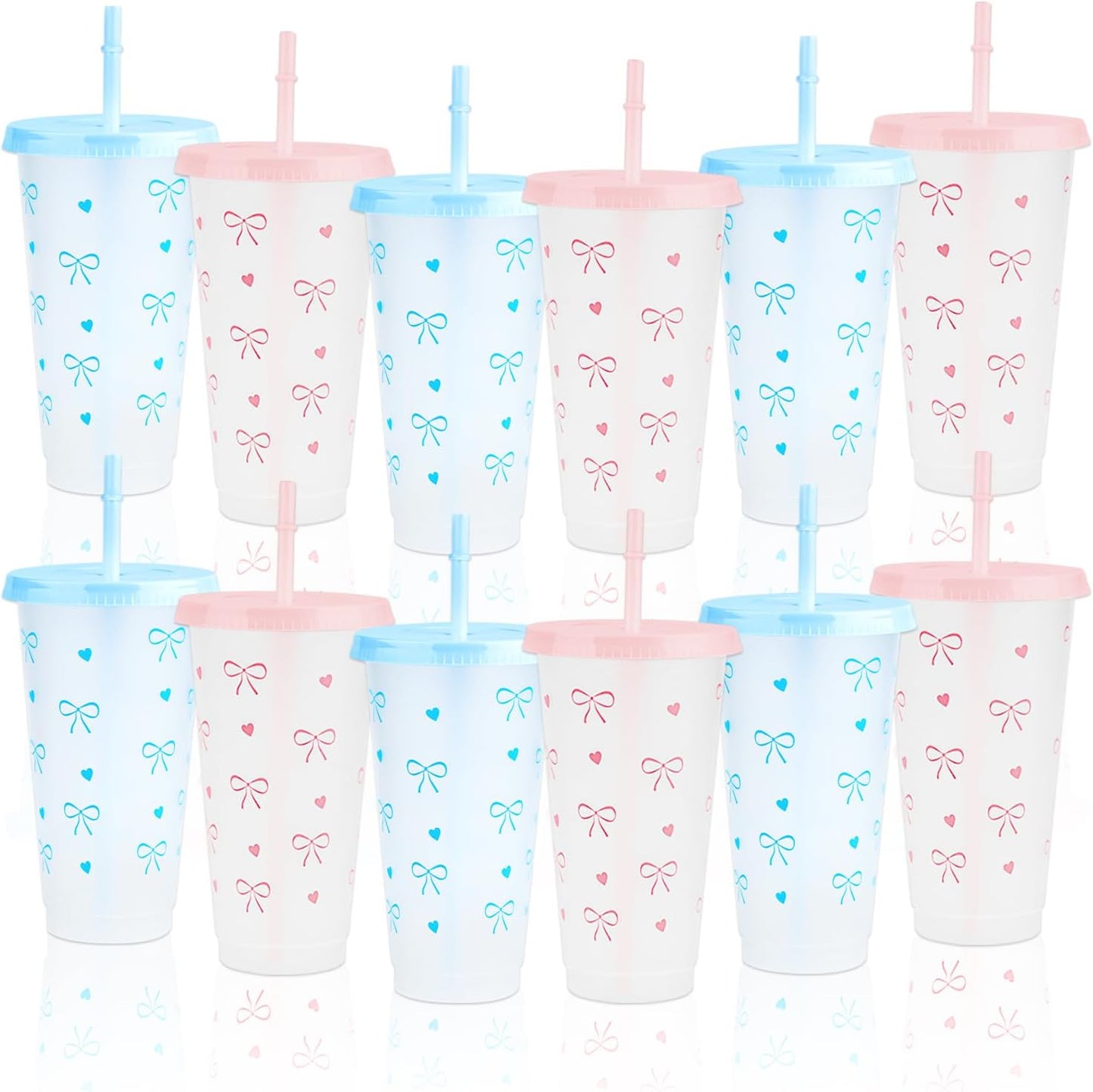 12Pcs 24 oz Blue Bow Plastic Cups with Straw and Lid, Reusable Coquette Bow Tie Cold Cups for Wedding Baby Shower Birthday Party Decor