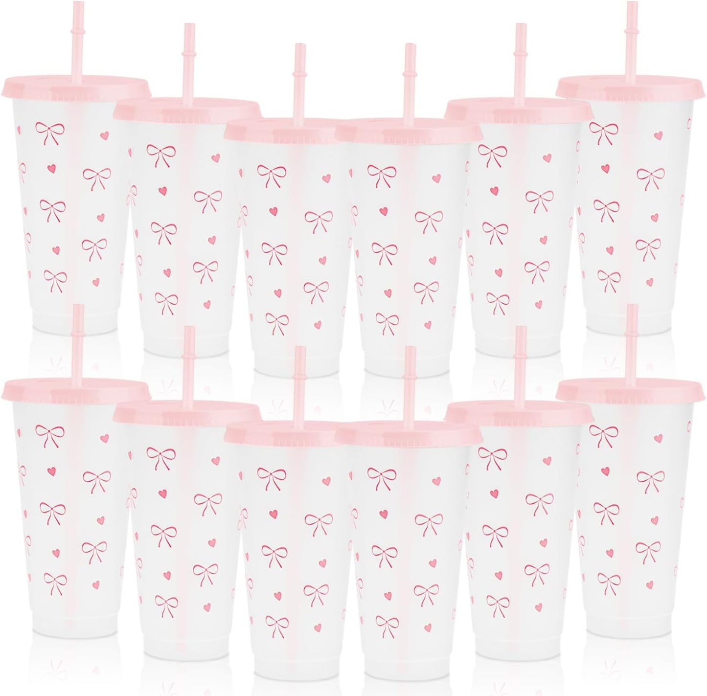 12Pcs 24 oz Blue Bow Plastic Cups with Straw and Lid, Reusable Coquette Bow Tie Cold Cups for Wedding Baby Shower Birthday Party Decor