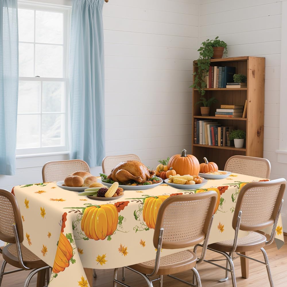 6 PCS Fall Tablecloths(54x108 Inch) Rectangle Disposable Plastic Thanksgiving Tablecloth Table Covers Cloths Pumpkin Autumn Maple Leaves Table Decor Harvest Friendsgiving Party Supplies Decorations