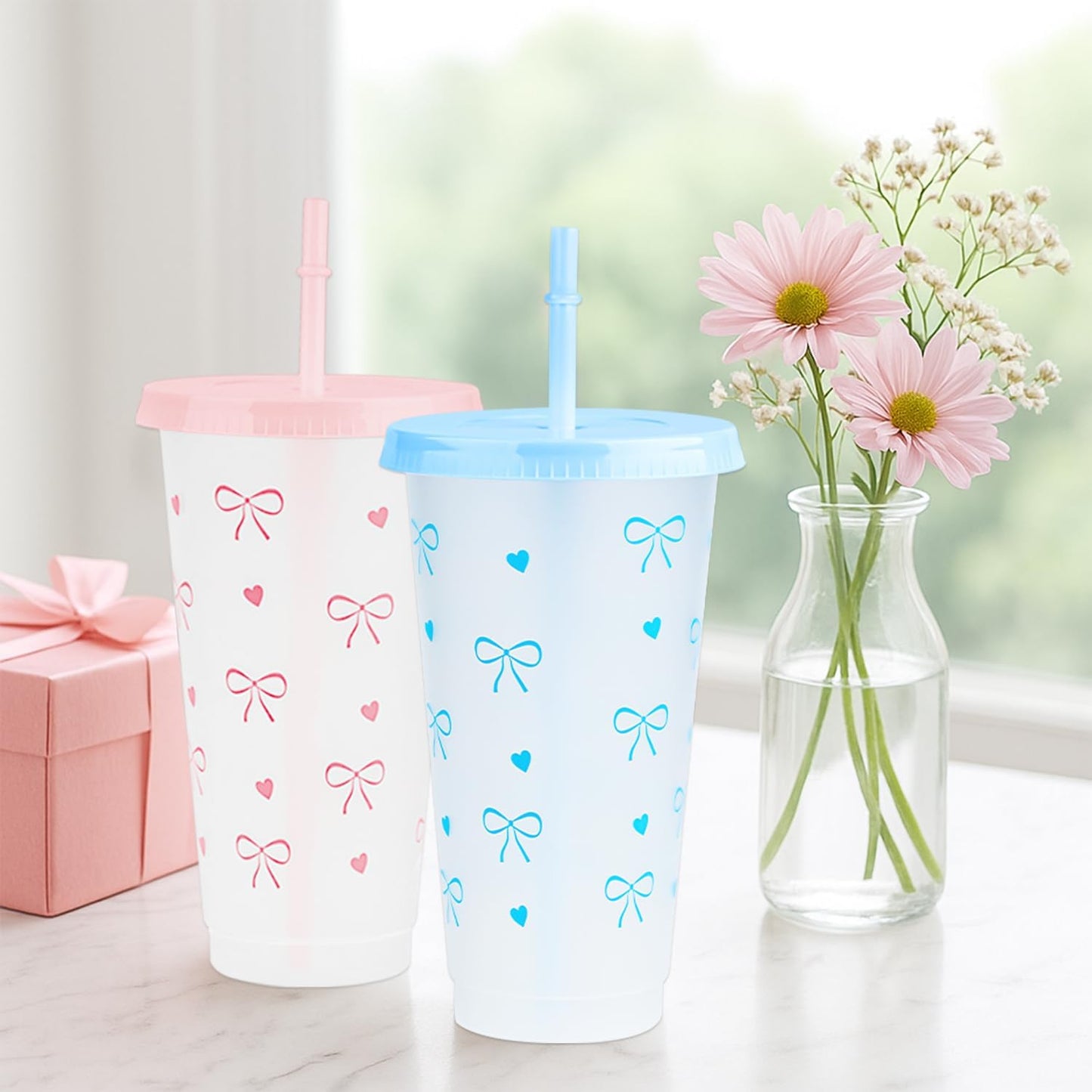 12Pcs 24 oz Blue Bow Plastic Cups with Straw and Lid, Reusable Coquette Bow Tie Cold Cups for Wedding Baby Shower Birthday Party Decor