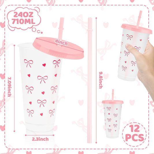 12Pcs 24 oz Blue Bow Plastic Cups with Straw and Lid, Reusable Coquette Bow Tie Cold Cups for Wedding Baby Shower Birthday Party Decor