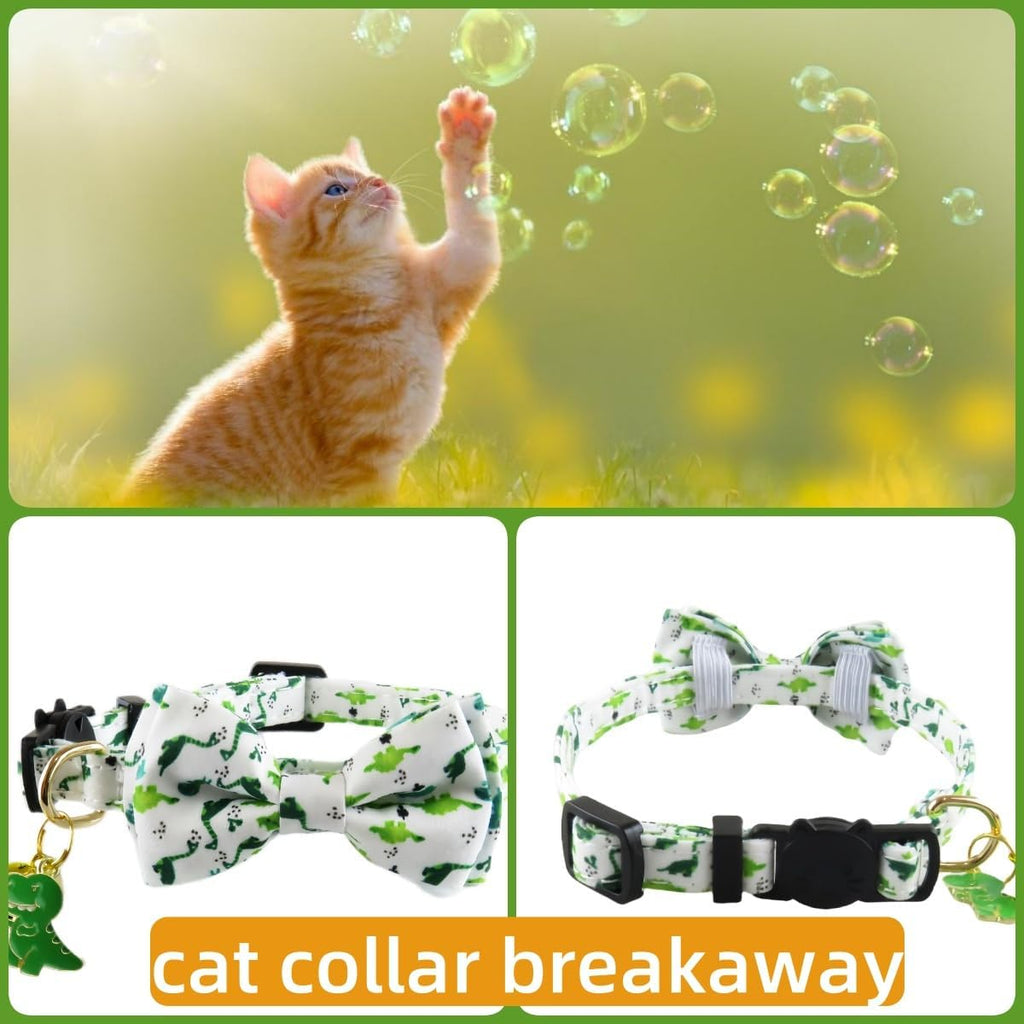 2 Pack Cat Collars Breakaway for Boy Girls, Cute Soft Kitty Cat Bowtie Collar with Bells for Male Female, Dinosaurs Pattern Cotton Adjustable Kitten Collar with Bow Tie (Dinosaur)