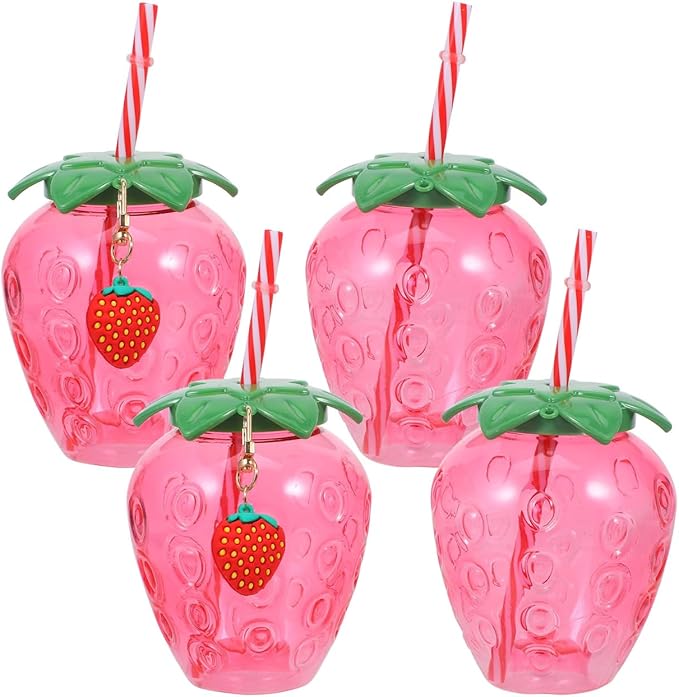 Adorable Strawberry Shaped Cups with Lids and Straws, 4pcs 16oz Pink Tumbler Set for Milk Tea, Juice, Smoothies, and Summer Party Drinks, Portable and Reusable Plastic Cups with Strawberry Charm