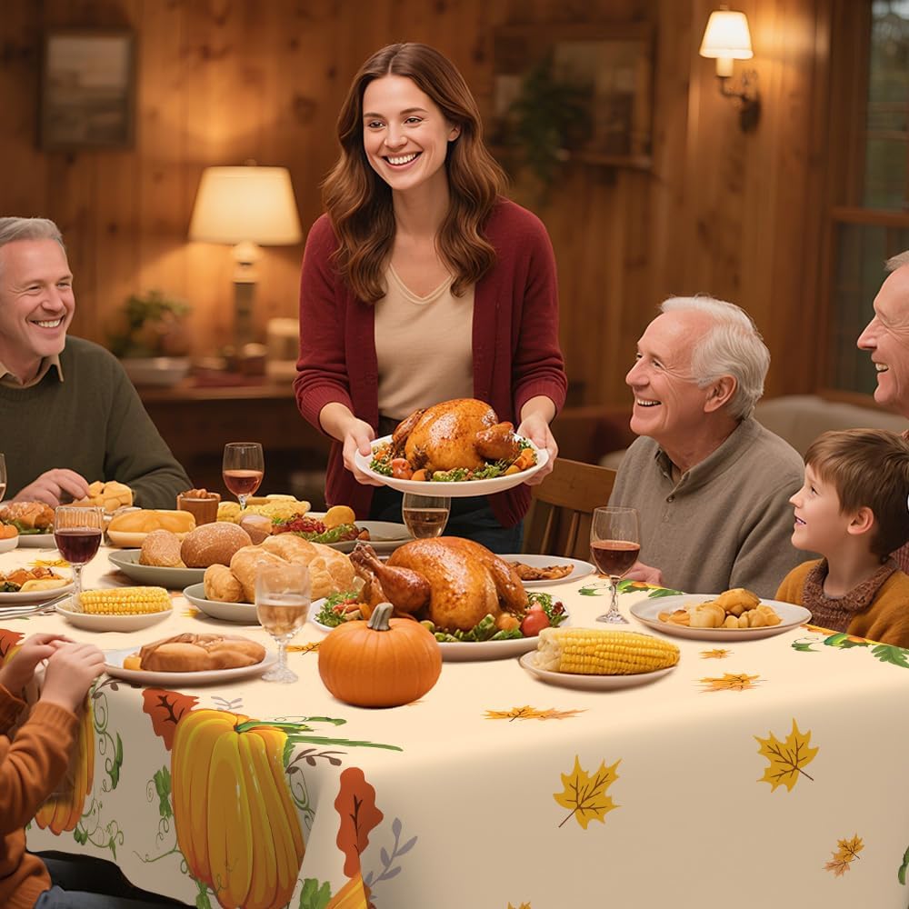 6 PCS Fall Tablecloths(54x108 Inch) Rectangle Disposable Plastic Thanksgiving Tablecloth Table Covers Cloths Pumpkin Autumn Maple Leaves Table Decor Harvest Friendsgiving Party Supplies Decorations