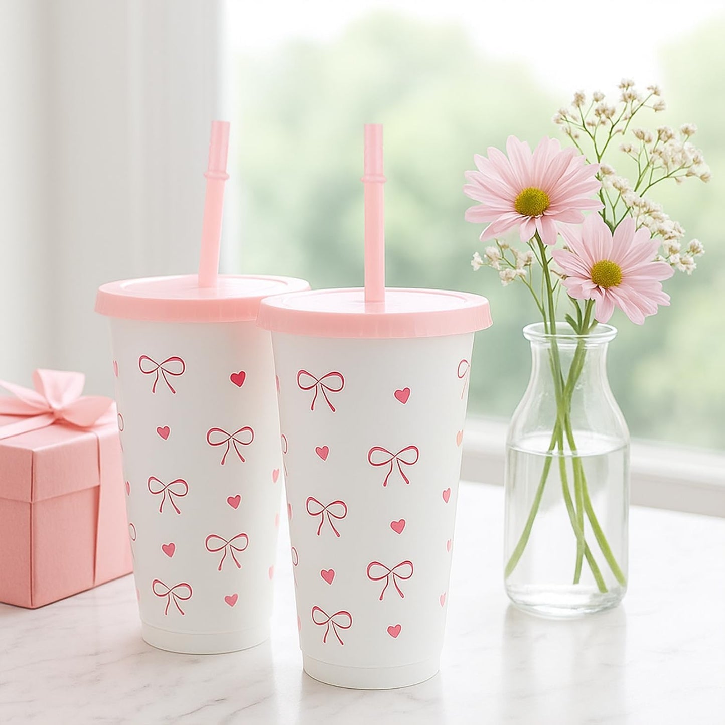 12Pcs 24 oz Blue Bow Plastic Cups with Straw and Lid, Reusable Coquette Bow Tie Cold Cups for Wedding Baby Shower Birthday Party Decor